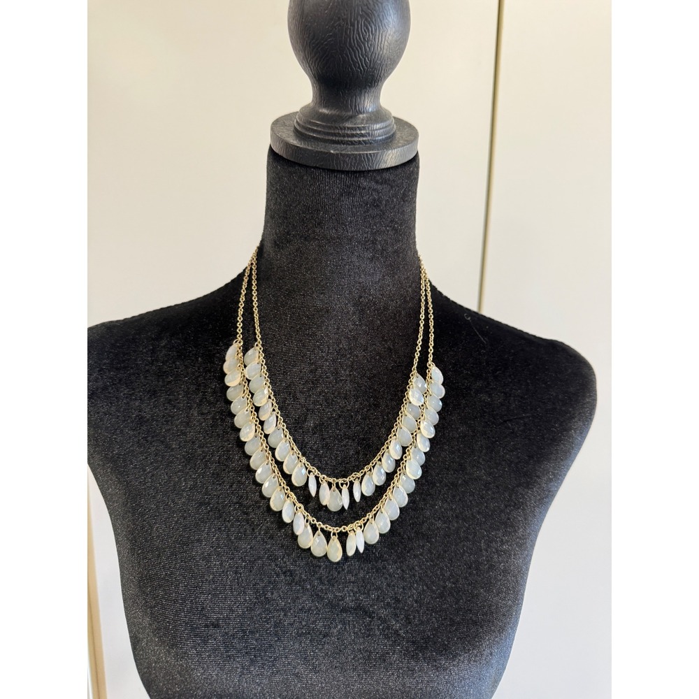 Gold Tone Double Strand Milky White Teardrop Bead Layered Necklace